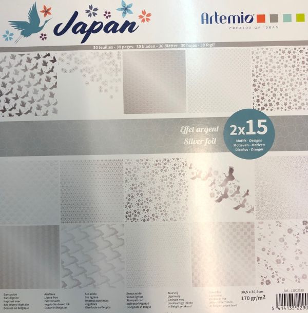 ARTEMIO "JAPAN" SCRAP BLOCK 170gr/m - Дизайнерски блок 12"х12" / 30листа картон SILVER FOIL