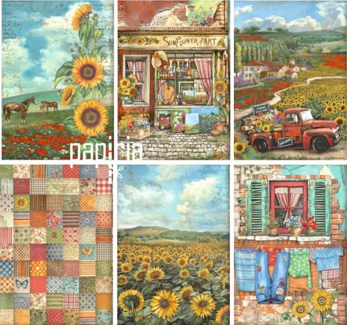 STAMPERIA - Оризова декупажна хартия 6 бр. A4 Серия - Sunflower Art Слънчоглед