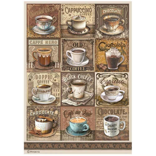 STAMPERIA, A4 Rice Paper Coffee and Chocolate tags with cups