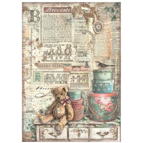 STAMPERIA, A4 Rice Paper Brocante Antiques teddy bears