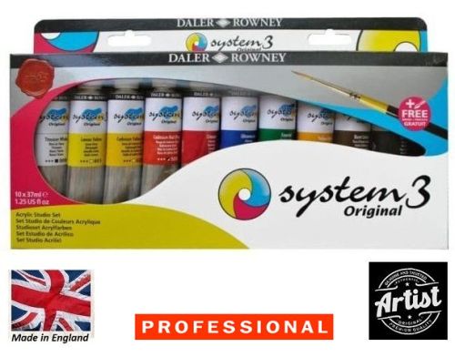 DR, System3 ACRYLIC STUDIO SET - 10 цв. х 37 мл. Екстра фини акрилни бои + четка, DALER-ROWNEY UK