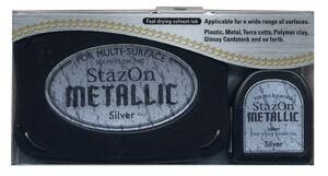 StazOn METALLIC - Тампон + мастило за всякаква твърда или гланцирана повърхност - плътно Сребро      