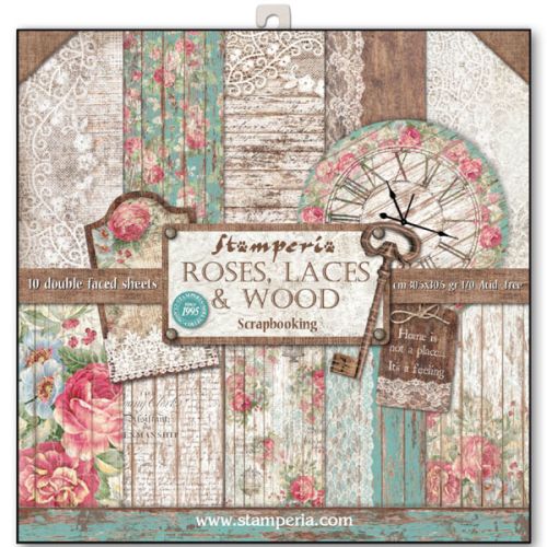STAMPERIA Double Face Sheets 10 Pack  - Дизайнерски блок 12"x12" / Roses, lace and wood