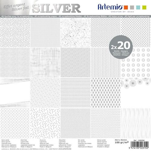 ARTEMIO, "CREATIVE" SCRAP BLOCK 100gr/m2 - Дизайнерски блок 12"х12" / 40листа SILVER FOIL