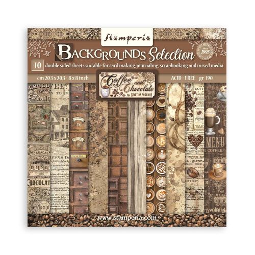 Дизайнерски блок BACKGROUNDS SELECTION - COFFEE AND CHOCOLATE, STAMPERIA 10л. 20.3 X 20.3 см. - 8x8 Inch Paper Pack